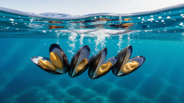 grupo de mejillones abiertos, sumergidos flotando, aguas cristalinas, color turquesa poco profundas, submarinismo, buceo, primer plano, naturaleza
