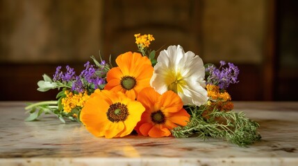 Fototapeta premium Beautiful Bouquet of Flowers on Marble for Floral Arrangement