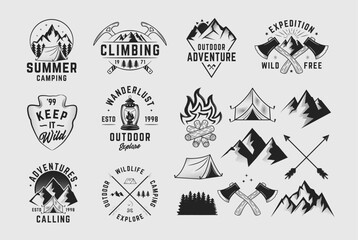 Collection of Camping, Wanderlust, Outdoor logos, emblems, labels, badges. Set of 8 logo templates and 9 design elements for logo, poster, flyer, banner design. Print for t-shirt. Vector templates