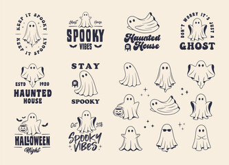 Collection of Ghost logos, emblems, labels, badges. Set of 8 logo templates and 9 ghost icons for logo, poster, flyer, banner design. Print for t-shirt. Vector templates