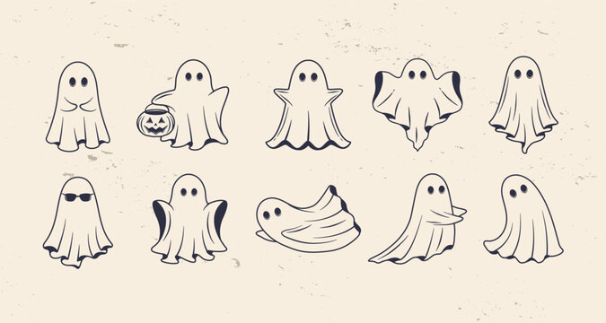 10 Ghost icons set. Funny Ghost icons. Cute ghost characters. Design elements for logo, badges, banners, labels, posters. Vector illustration