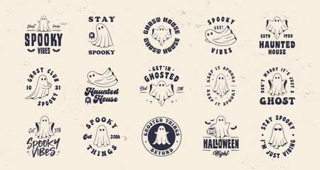 Collection of Ghost logo, badges and labels.Ghost spooky emblems. Halloween signs set for poster, emblem, party invitation designs. Print for t-shirt, tee. 15 spooky logo designs. Vector illustration