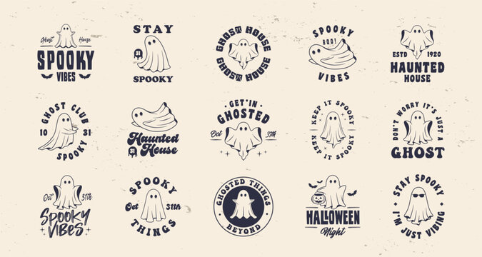 Collection of Ghost logo, badges and labels.Ghost spooky emblems. Halloween signs set for poster, emblem, party invitation designs. Print for t-shirt, tee. 15 spooky logo designs. Vector illustration