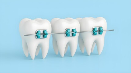 Three teeth with braces displayed on a blue background highlighting dental care and orthodontic treatment