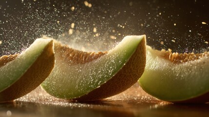 Backlit melon slices, condensation and dust particles floating in sunlight