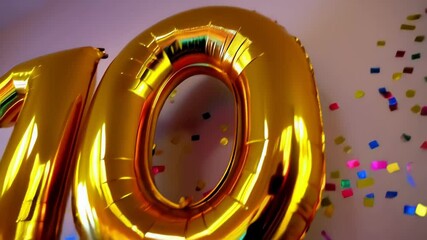 Golden numeral 10 balloon hovering, metallic surface sparkling amid falling confetti, celebrating memorable milestone with festive luminosity