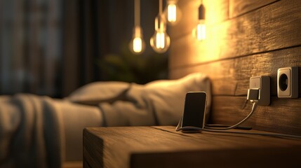Fototapeta premium Nightstand with phone charging, warm interior light
