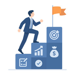 Flat illustration of businessman climbing symbolic steps toward success. Icons include goal, progress, finance, and strategy. Great for career growth, marketing and entrepreneurship topics.
