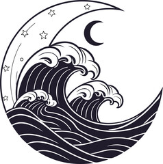 A vibrant vector illustration of an eagle and fish in a tribal, swirling blue ocean pattern, suitable for a tattoo design