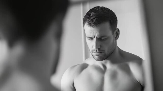 Muscular male examining body reflection, standing shirtless in bathroom mirror with intense, contemplative gaze during fitness self evaluation