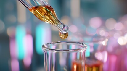 Droplet of liquid about to fall into a glass container during a laboratory experiment in a modern science lab
