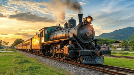 Obraz premium Vintage steam train at sunset