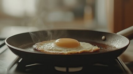 Fried egg in a pan, steam rising