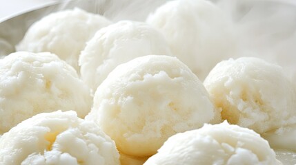 Close-up of several round, white ice cream balls, steaming slightly