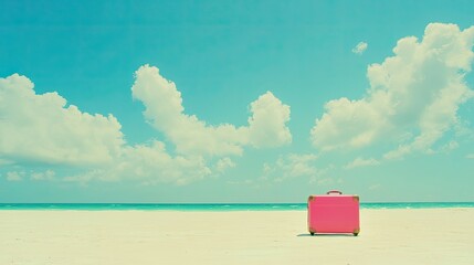 Pink suitcase on a beach under a vibrant blue sky