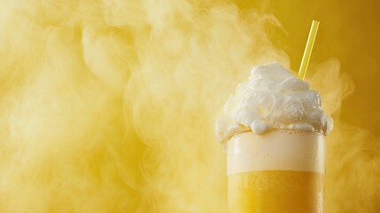 Creamy yellow drink, topped with whipped cream, in a glass,  with smoke