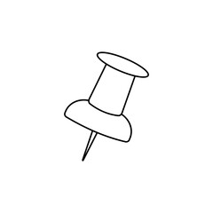 Simple black and white image of a pin button for attaching paper to a board. Stylish linear image for designs related to office, learning and space organization.