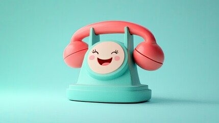 Cute, cartoon phone with happy face, mint and coral colors