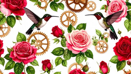 Fototapeta premium Exquisite Dark Pink and Red Roses Adorned with a Delicate Hummingbird and Steampunk-Inspired Gears, Blending Nature with Mechanical Art and Intricate Beauty.
