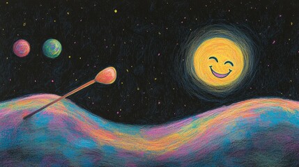 Space scene with a smiling sun and colorful landscape