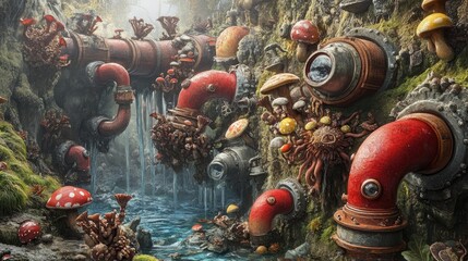 Fantastical, surreal scene of pipes and mushrooms cascading down a rocky, waterfall-fed stream