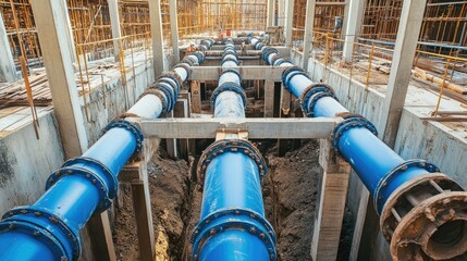 Underground blue pipes in a construction site