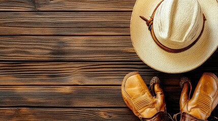 Rustic cowboy hat and boots on dark wood
