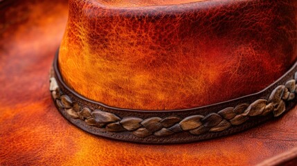 Close-up of a richly textured, reddish-brown cowboy hat.  Leather, intricate woven band