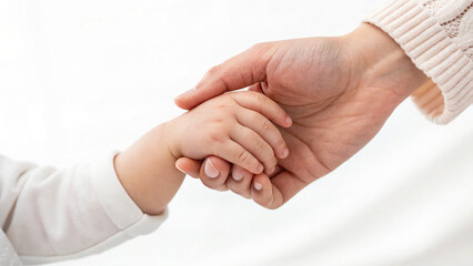 Toddler hand holding parent finger, close-up, soft pastel colors, emotional concept