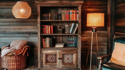 Wooden bookcase filled with books, a woven lamp, and cozy seating