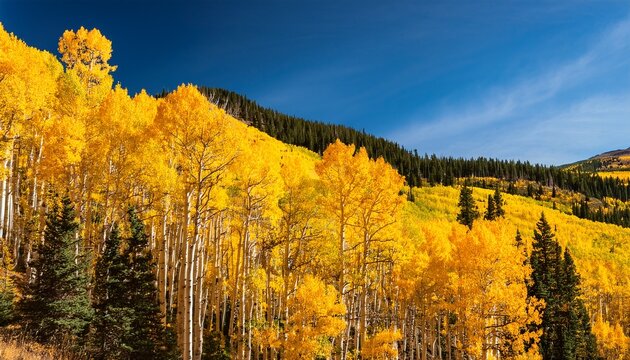 quaking aspen trees forest in vail colorado in autumn fall golden yellow foliage on mountain peak with blue sky