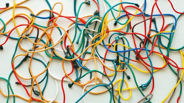 Colorful tangled wires on white background