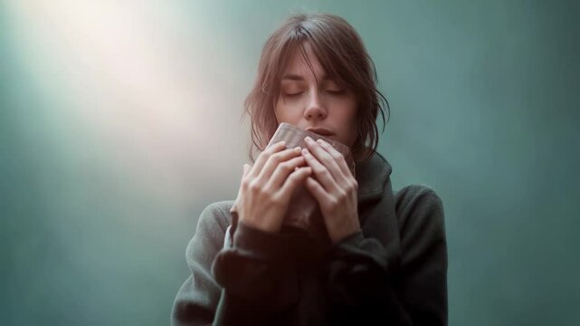 Contemplative woman holding cryptic wrapped package, closed eyes radiating introspective mood, soft light illuminating shadowy silhouette with haunting atmosphere