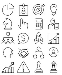 Collection of business and financial concept line icons in black and white