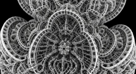 Abstract grayscale fractal art: intricate, organic, swirling patterns resembling complex machinery or skeletal structures.