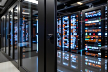 Modern Data Center: Inside a state-of-the-art data center, a meticulous arrangement of servers and network equipment is illuminated, suggesting cutting-edge technological innovation.
