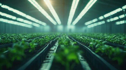 The artificial light illuminates rows of growing plants in a farm