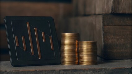Stacks of golden coins near a dark chart, symbolizing financial growth and prosperity. A visual representation of investment success and economic progress.