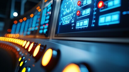 A power plant control room filled with glowing screens, digital readouts, and operators meticulously monitoring grid stability, output parameters, and critical operational safety metrics.