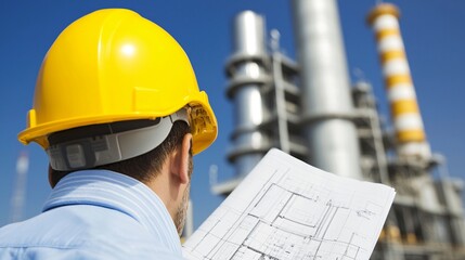 A power plant engineer reviewing blueprints and digital models of plant expansion or upgrades, representing infrastructure development and future energy planning.
