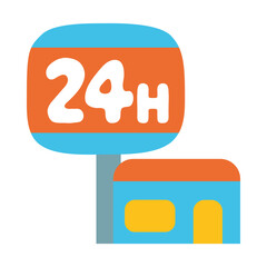 24-Hour Service Sign, Convenience Store Cartoon-Style Isolated on White Background