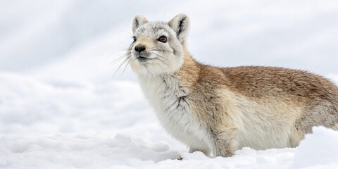 Obraz premium Alert Mountain Pika standing in snowy landscape, winter wildlife