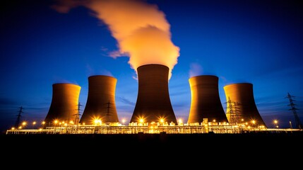 A sprawling coal-fired power plant at twilight, with vast coal piles, massive cooling towers emitting steam, and tall smokestacks, symbolizing conventional thermal electricity generation and