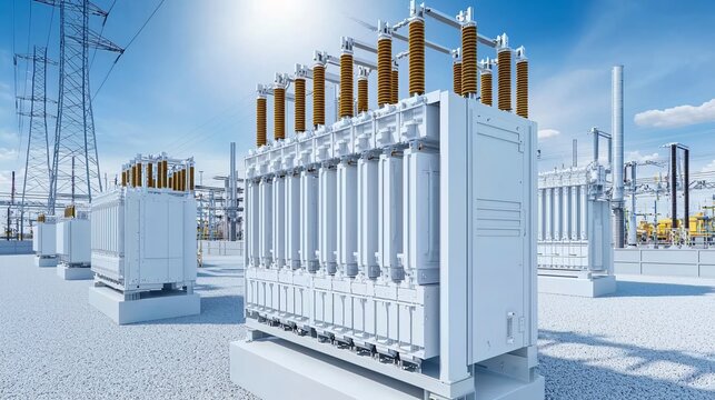 A transformer bank at a power plant's substation, showing massive step-up transformers converting generator voltage to transmission voltage for grid integration.