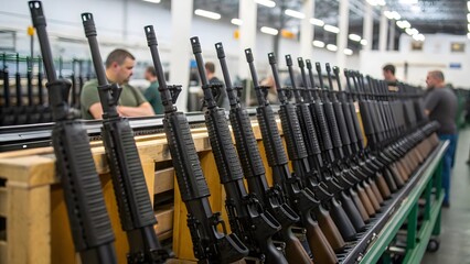 Rows of rifles stand ready in a factory setting, a glimpse into the manufacturing process of firearms, showcasing precision engineering and industrial production.