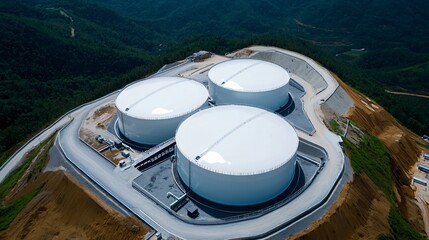 An on-site fuel storage tank farm (e.g., for heavy fuel oil or diesel) at a power plant, indicating reserve capacity and operational flexibility.