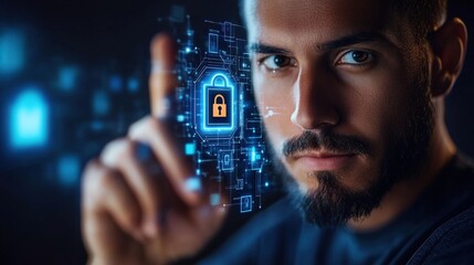 A security engineer using decryption keys with holographic lock icons, copyspace