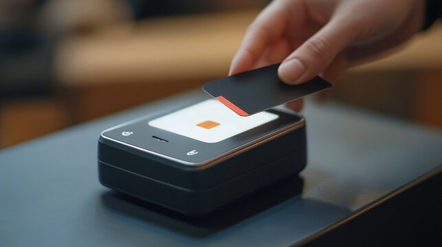 macro photography of hand tapping card on contactless payment terminal
