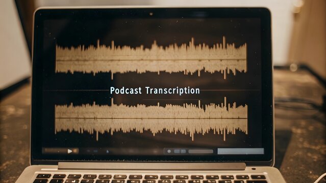Podcast Transcription Displayed on Laptop Screen, Audio Waveform Visible, Editing Process in Progress, Digital Content Creation
