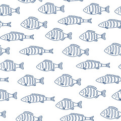 Seamless pattern with hand drawn blue outline grilled fish on white background. Doodle drawing for menu design, print, poster, banner.